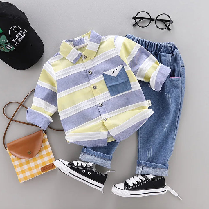 Springtime Style Newborn Gentleman Striped Shirt and Jeans Set for Baby Boys - Totostore