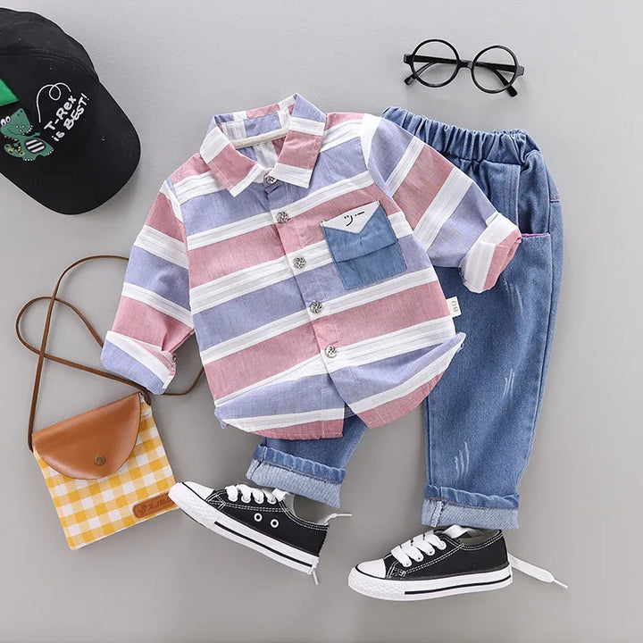 Springtime Style Newborn Gentleman Striped Shirt and Jeans Set for Baby Boys - Totostore