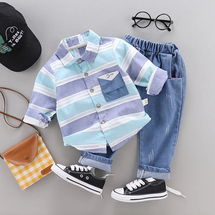 Springtime Style Newborn Gentleman Striped Shirt and Jeans Set for Baby Boys - Totostore