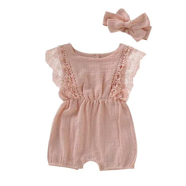 Summer Baby Girl Rompers Newborn Baby Clothes Toddler Flare Sleeve Solid Lace Design Romper Jumpsuit With Headband One-Pieces - Totostore