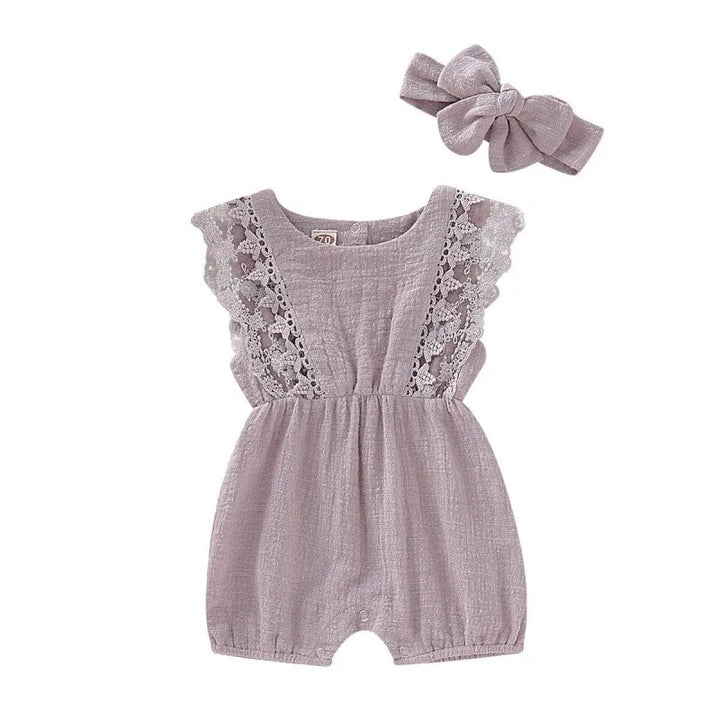 Summer Baby Girl Rompers Newborn Baby Clothes Toddler Flare Sleeve Solid Lace Design Romper Jumpsuit With Headband One-Pieces - Totostore