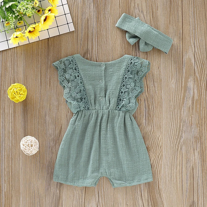 Summer Baby Girl Rompers Newborn Baby Clothes Toddler Flare Sleeve Solid Lace Design Romper Jumpsuit With Headband One-Pieces - Totostore