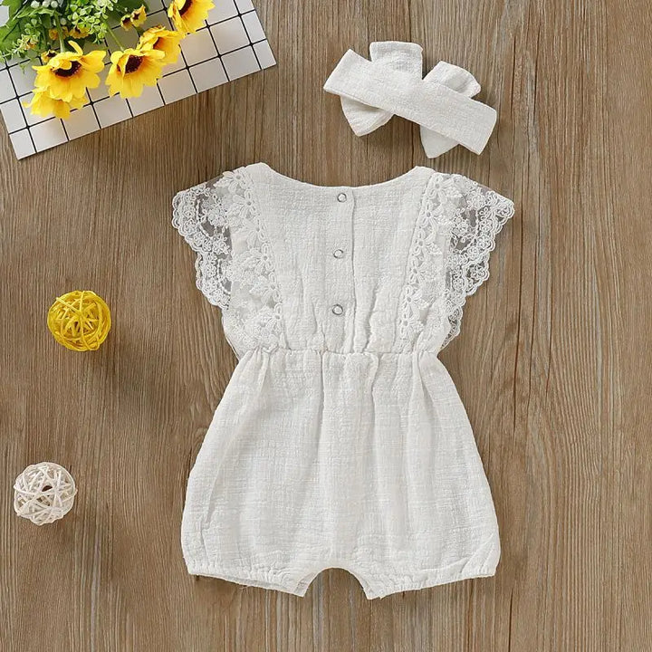 Summer Baby Girl Rompers Newborn Baby Clothes Toddler Flare Sleeve Solid Lace Design Romper Jumpsuit With Headband One-Pieces - Totostore