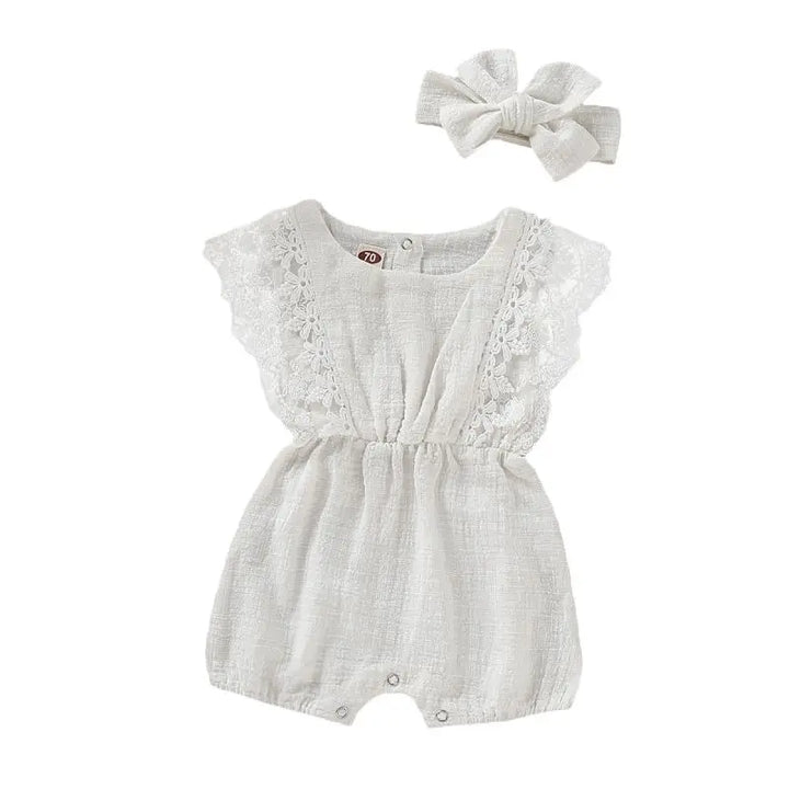 Summer Baby Girl Rompers Newborn Baby Clothes Toddler Flare Sleeve Solid Lace Design Romper Jumpsuit With Headband One-Pieces - Totostore