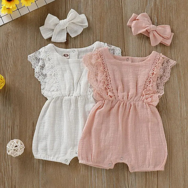 Summer Baby Girl Rompers Newborn Baby Clothes Toddler Flare Sleeve Solid Lace Design Romper Jumpsuit With Headband One-Pieces - Totostore