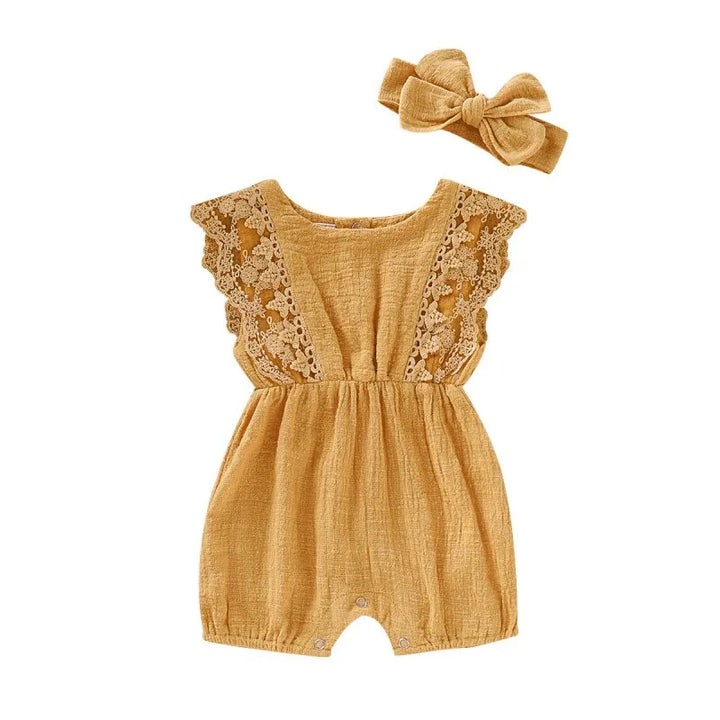 Summer Baby Girl Rompers Newborn Baby Clothes Toddler Flare Sleeve Solid Lace Design Romper Jumpsuit With Headband One-Pieces - Totostore