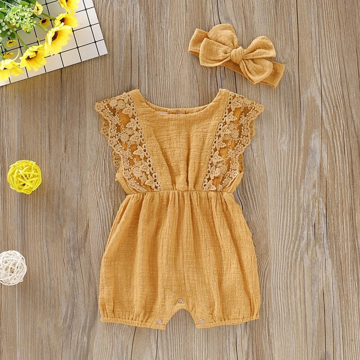 Summer Baby Girl Rompers Newborn Baby Clothes Toddler Flare Sleeve Solid Lace Design Romper Jumpsuit With Headband One-Pieces - Totostore