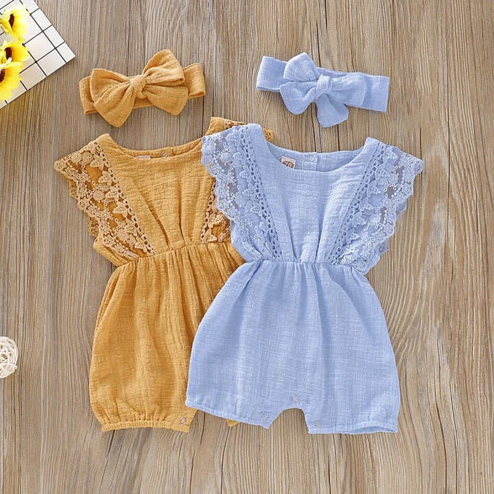 Summer Baby Girl Rompers Newborn Baby Clothes Toddler Flare Sleeve Solid Lace Design Romper Jumpsuit With Headband One-Pieces - Totostore