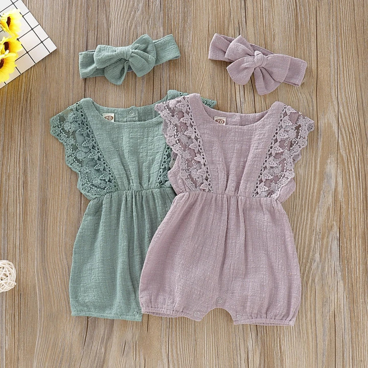 Summer Baby Girl Rompers Newborn Baby Clothes Toddler Flare Sleeve Solid Lace Design Romper Jumpsuit With Headband One-Pieces - Totostore