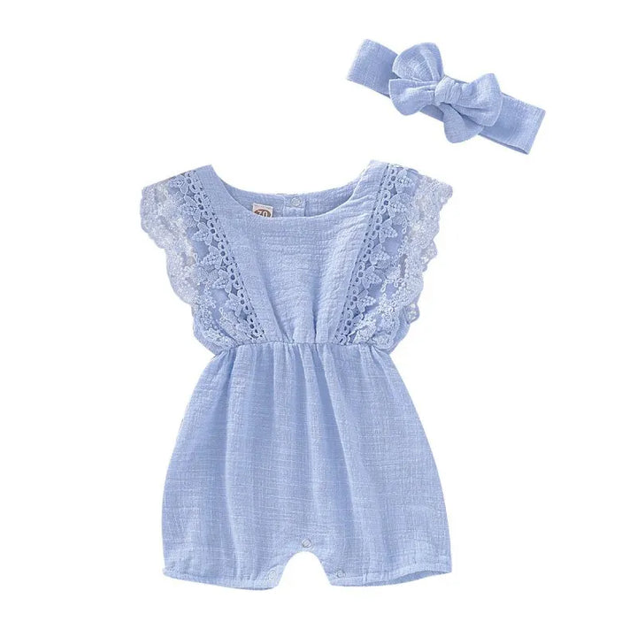 Summer Baby Girl Rompers Newborn Baby Clothes Toddler Flare Sleeve Solid Lace Design Romper Jumpsuit With Headband One-Pieces - Totostore