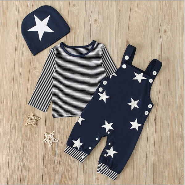 Newborn Boy Outfit - Long Sleeve Top Suspender Pants and Hat - Totostore