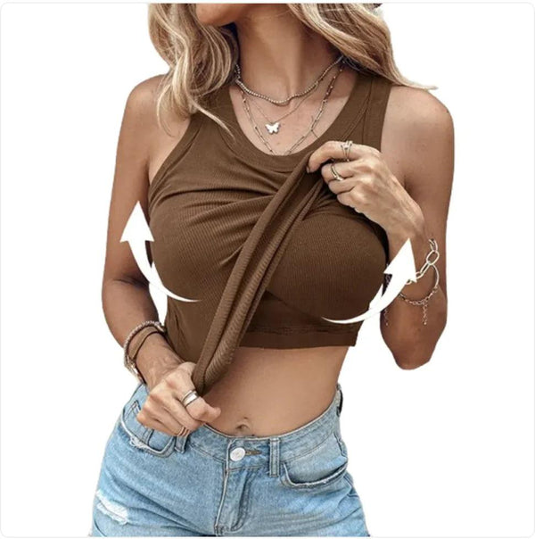 Womens Bottom Sleeveless Top - Solid Color Round Neck Vest with Built-In Bra for Summer Clothing