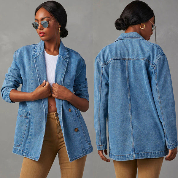 Washed Blue Denim Suit Jacket for Women - Classic and Versatile Design