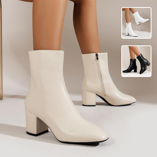 Womens Chunky Heel Pointed Toe Boots with Side Zipper - Fashionable Mid-calf Boot