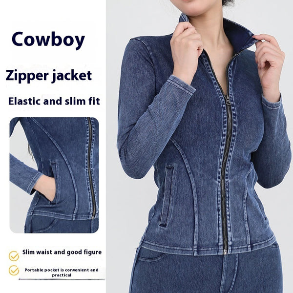 Slim Zippered Denim Yoga Jacket With Pockets - High Collar Outerwear for Womens Fitness Clothing