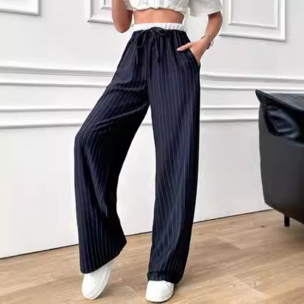 High Waist Vertical Striped Trousers - Color Matching Casual Style