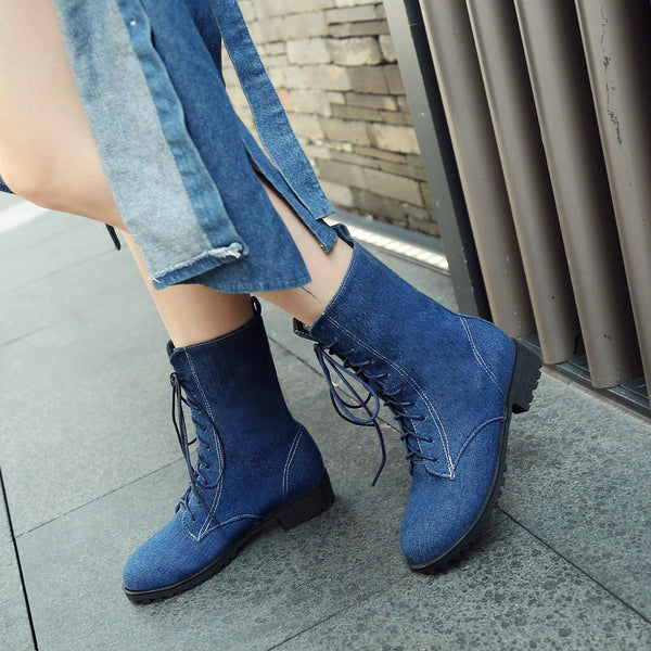 Lace-Up Low Heel Martin Boots for Women - Denim - Front Lacing - Stylish  Comfortable