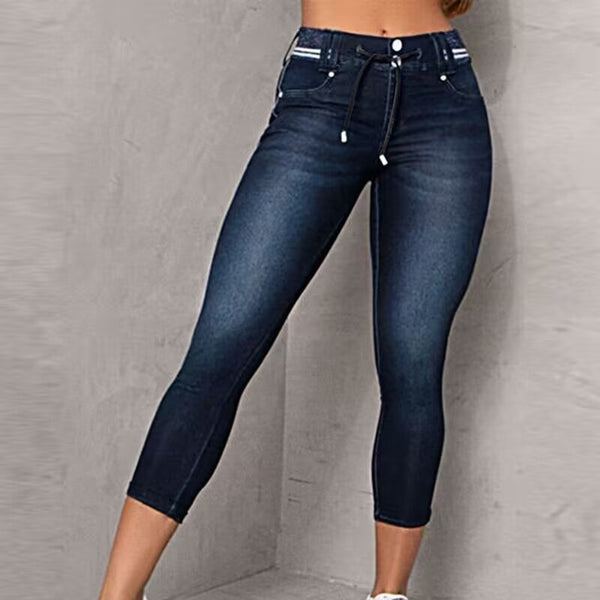 Striped Stitching Drawstring Denim Pants - Tight Hip Skinny Fit Ankle-Length