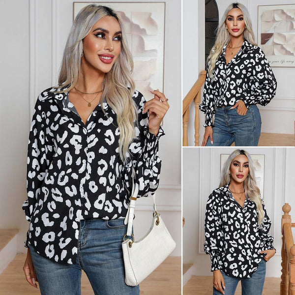 Leopard Print Lantern Sleeve Shirt Women