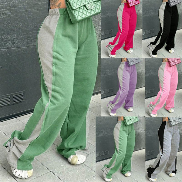 Womens Colorblock Elastic Waist Straight Wide Leg Sweatpants - All-Matching and Comfortable