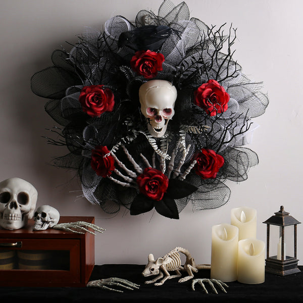 Spooky Red Rose Skull Mesh Garland for Halloween Door Decor