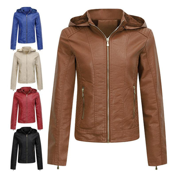 Thickened Leather Coat  Fleece-lined  Womens Hooded Winter Jacket