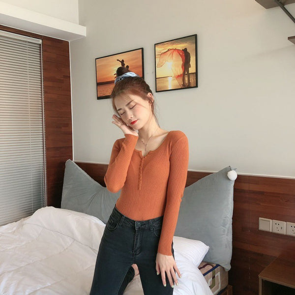 Single-breasted Long Sleeve Sweater Bottoming Shirt