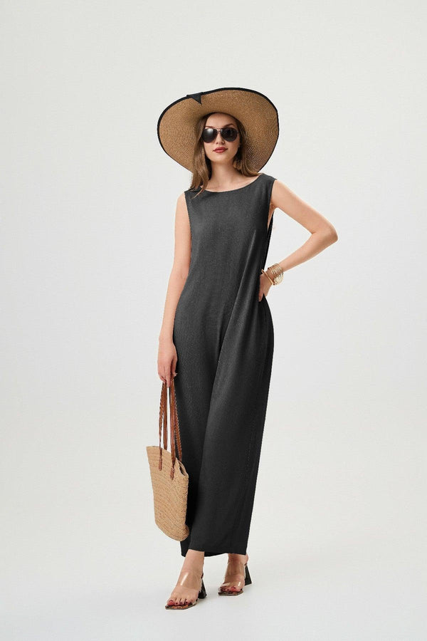 Classic H-Line Linen Jumpsuit for Women Comfortable Breathable and Stylish - Elastic Back Pockets Multiple Color Options