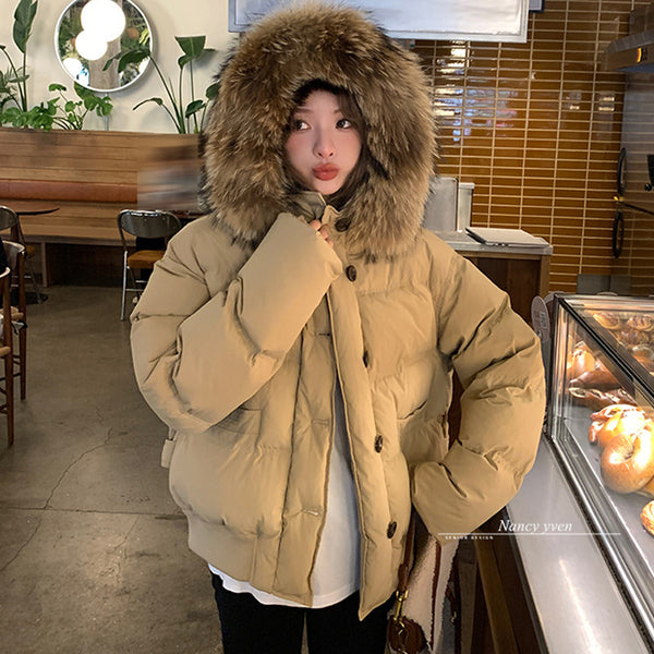 Womens Big Fur Collar Down Jacket in Milk Tea Color