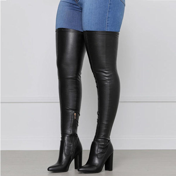 Plus Size Side Zipper Chunky Heel Knee-High Boots for Women - Long and Stylish