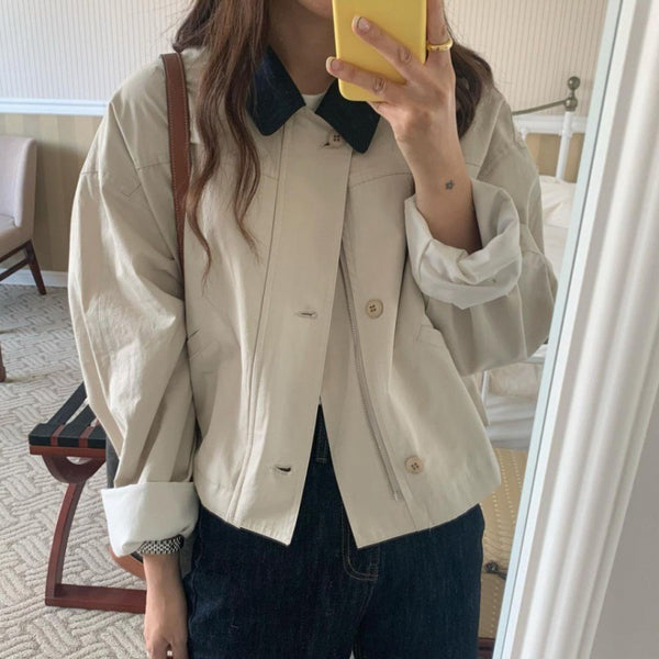 Korean Style Casual Single-breasted Lapel Top in Loose Fit with Contrast Colors