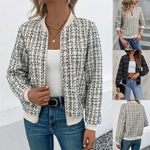 Plaid Zipper Short Jacket Casual AutumnWinter Outwear for Women with Long Sleeves and Baseball Style