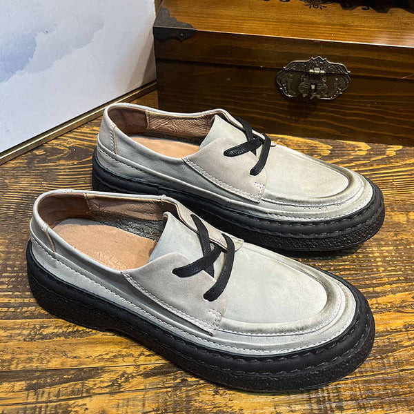 Genuine Leather Slip-On Platform Mens Shoes - Round Head Design