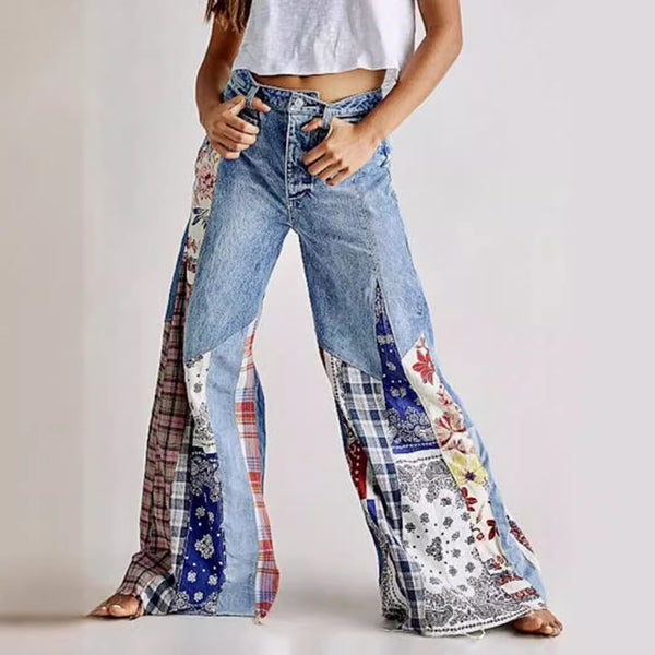 High Waist Denim Stitching Wide Leg Jeans - Retro Button Style