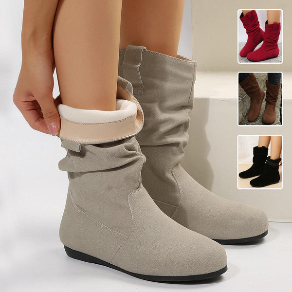 Womens Suede Mid-Calf Winter Boots - Fashionable Round Toe Solid Color Warm Shoes