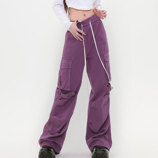 Retro Wide Leg Workwear Pants - Pleated Elastic Waist