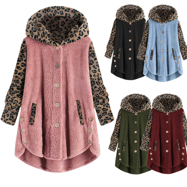 Winter Leopard Hooded Plush Coat for Women - Button Long Sleeve Splicing Design