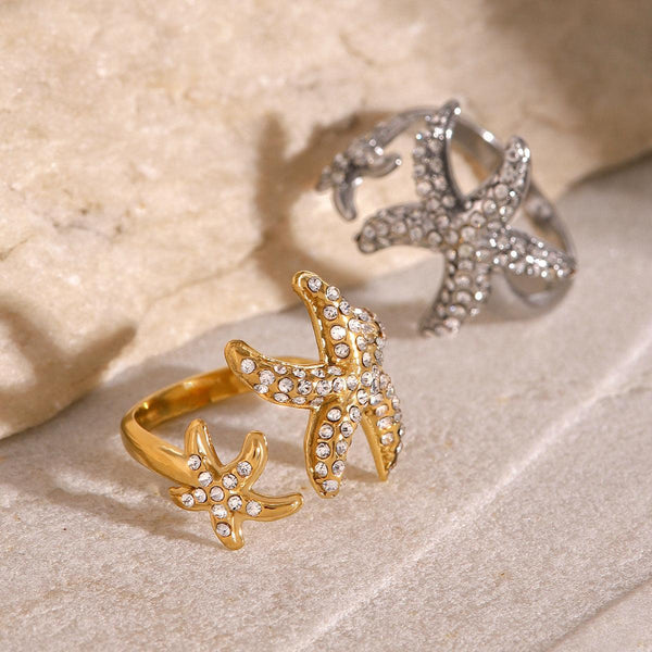 Stainless Steel Starfish Ring with Full Diamond Accents - Elegant and On-Trend