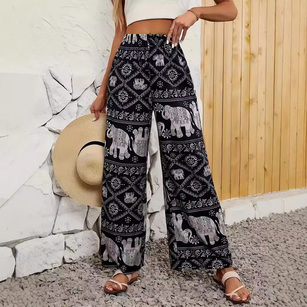 Printed Womens Wide-Leg Pants with High Elastic Waist - Loose Fit for Comfort and Style