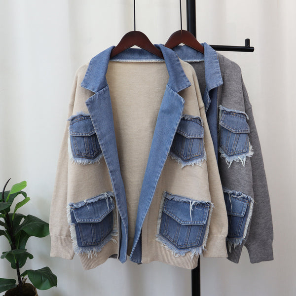 Stylish Denim Stitching Sweater Coat for Women - Perfect for Fall and Winter