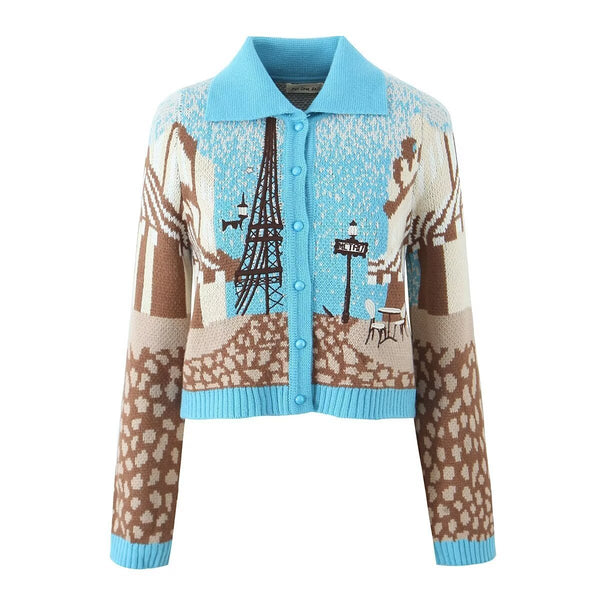 Womens Printed Contrast Knit Coat - Chic Lapels Colorful Design