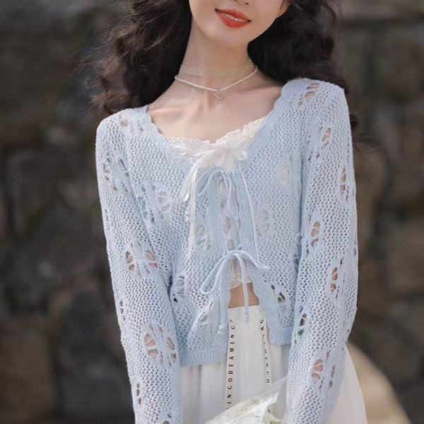 Spring  Summer Hollow-Out Lace-Up Crocheted Knitted Short Cape for Women