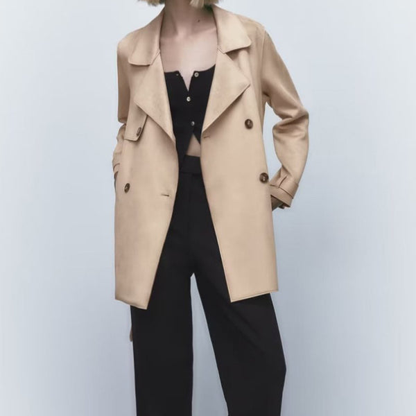 Mid-Length Suede Textured Trench Coat - European  American Style with Lace-Up Design