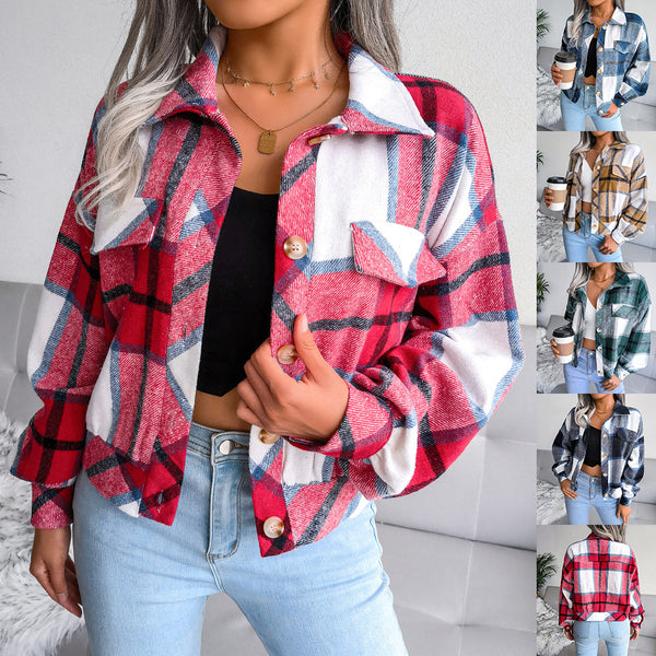 Plaid Lapel Cropped Jacket - Womens Fashion Loose Outwear Coat with Long Buttoned Sleeves