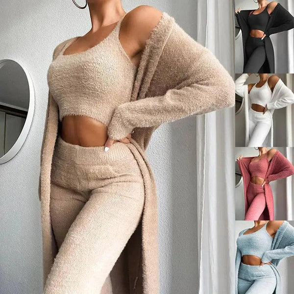 Cozy 3 Pc Womens Solid Fluffy Crop Top Skinny Pants  Longline Coat Set