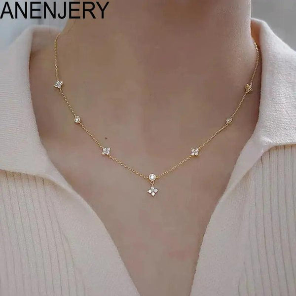 Stylish ANENJERY Inlaid Zircon Flower Necklace for Women - High Fashion Lightweight  Luxurious