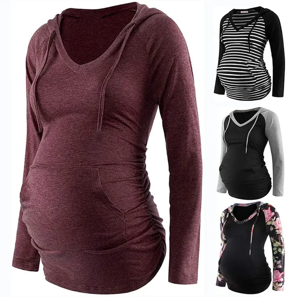 Stylish Striped V-Neck Maternity Hoodie for Women - Comfortable and Chic Pregnancy Wear - Totostore